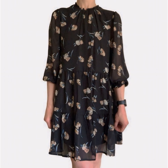 ophelia roe Dresses & Skirts - Ophelia Roe Black Liberty Floral Lined Sheer Ruffle Drop Waist Dress Size Small